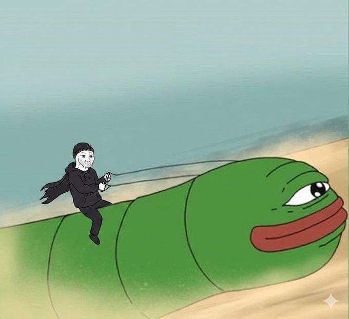 The image features a cartoon character, likely a frog or a monster, riding on top of a large green caterpillar-like creature that appears to be crawling across a sandy beach. The scene has a humorous and whimsical feel to it, as if the character is embarking on an adventure with the caterpillar. The caption for this image reads: "$PEPE army join us on the road to billions $WOJAK 0x8de39b057cc6522230ab19c0205080a8663331ef".