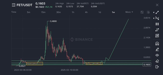 A Binance weekly candlestick chart for the FET/USDT pair is displayed, showing an all-time high of 3.4800 in early 2024 followed by a steep decline to 0.1603 (down 95.14% over 24 hours) with a marked recovery projection toward 3.6514. The visual aligns with the post's narrative, illustrating FET's dramatic rise and subsequent collapse—a classic case that mirrors the cautionary tone about bear markets making assets appear "dead" before potential rebounds.
