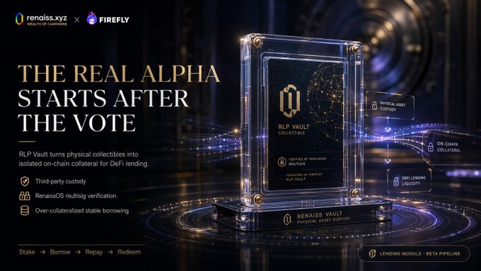 A promotional banner for RENAISS.XYZ and FIREFLY titled 'THE REAL ALPHA STARTS AFTER THE VOTE', advertising RLP Vault which turns physical collectibles into on-chain collateral for DeFi lending.