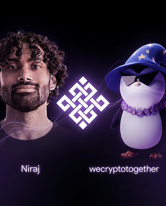 A promotional image featuring a man labeled 'Niraj' next to a cartoon penguin wearing sunglasses and a star-patterned wizard hat, labeled 'wecryptogether' with a central logo.