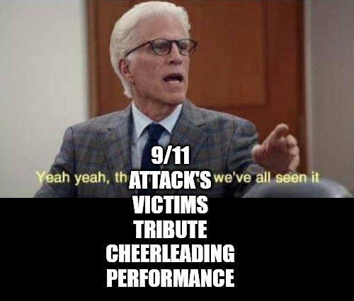 An older man with white hair and glasses is shown speaking, with on-screen text reading "9/11 ATTACK'S VICTIMS TRIBUTE CHEERLEADING PERFORMANCE" overlaid on his image. The meme uses the juxtaposition of a serious 9/11 tribute reference with a spam-style crypto promotion boasting about "aped DOGWIFHAT2" gains to mock the pump-and-dump nature of the accompanying post.