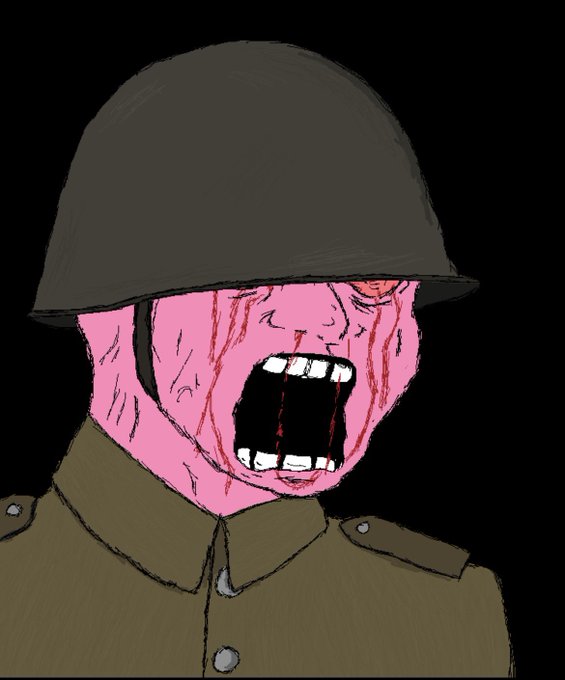 The user wants a caption for the image.
The image shows a character that looks like a Wojak (specifically, a "Soldier Wojak" or "Angry Wojak" variant).
Key features:
- A military helmet (looks like a US M1 helmet or similar WWII era helmet).
- A military uniform (olive drab, looks like a WWII US Army uniform).
- A pink face (classic Wojak skin tone).
- The face is distorted, screaming or yelling, with blood dripping down from the eyes and mouth.
- The mouth is wide open, showing teeth and tongue, with red streaks (blood) inside.

The prompt asks for a concise 1-2 sentence caption describing what is in the image.
It also mentions the accompanying post text: "I just loaded up on some insanely rare $WOJAK memes from @farmdotmeme So many classics". This context confirms it's a Wojak mem