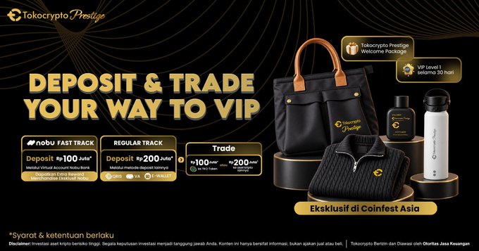 Tokocrypto Prestige promotional banner featuring "Deposit & Trade Your Way to VIP" with a CoinFest Asia exclusive message, displaying a "Fast Track" deposit bonus of Rp100 Juta and "Regular Track" bonus of Rp200 Juta for new Toko VIP users, alongside merchandise including a black tote bag, fleece pullover, cologne, and water bottle.