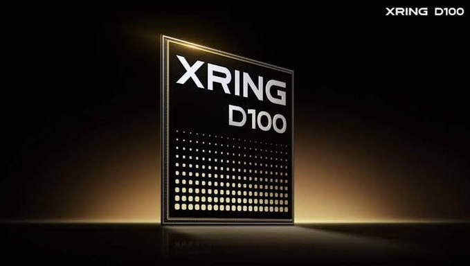 A product image showing an 'XRING D100' chip or processor, displayed in a gold-illuminated dark setting.