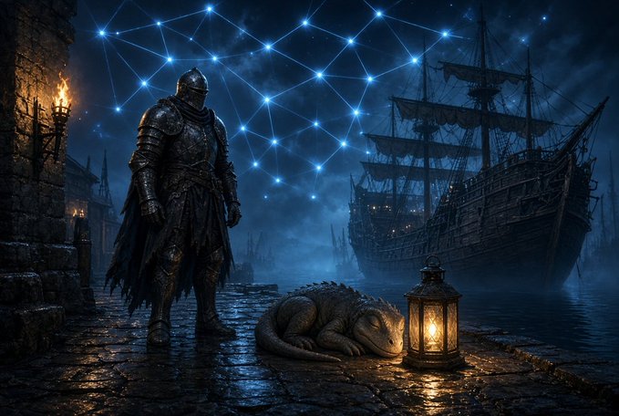 A dark fantasy scene featuring an armored knight standing beside a sleeping dragon on a stone dock, with a glowing lantern, a ghostly ship, and a constellation of connected blue stars in the night sky.