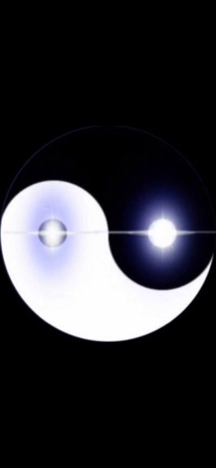 A yin-yang symbol with a metallic, glowing finish on a black background, with one half featuring a bright lens flare effect.