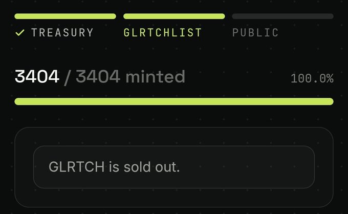 The image shows a minting dashboard indicating the "GLRTCHLIST" NFT collection sold out completely, with 3404/3404 minted (100%), displaying the message "GLRTCH is sold out." This visual confirms the poster's claim that the GLRTCH mint sold out in just 1 second.