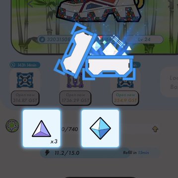 The image shows a cellphone screen with two blue triangles and one green pyramid displayed, along with information about their respective values. Additionally, there is text indicating that the step value is 0,7320,1/13" when viewed at this angle.