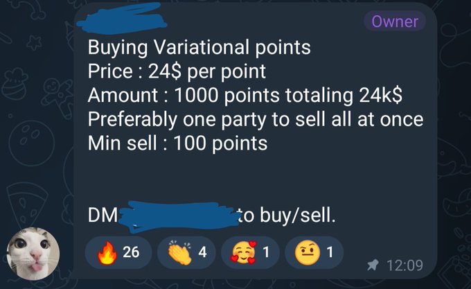 A Telegram message from an "Owner" offering to buy 1000 Variational points at $24 per point, totaling $24k, with a minimum sell of 100 points. This illustrates the OTC point market activity referenced in the post, where informal trading prices for $VAR points are climbing ahead of the TGE.