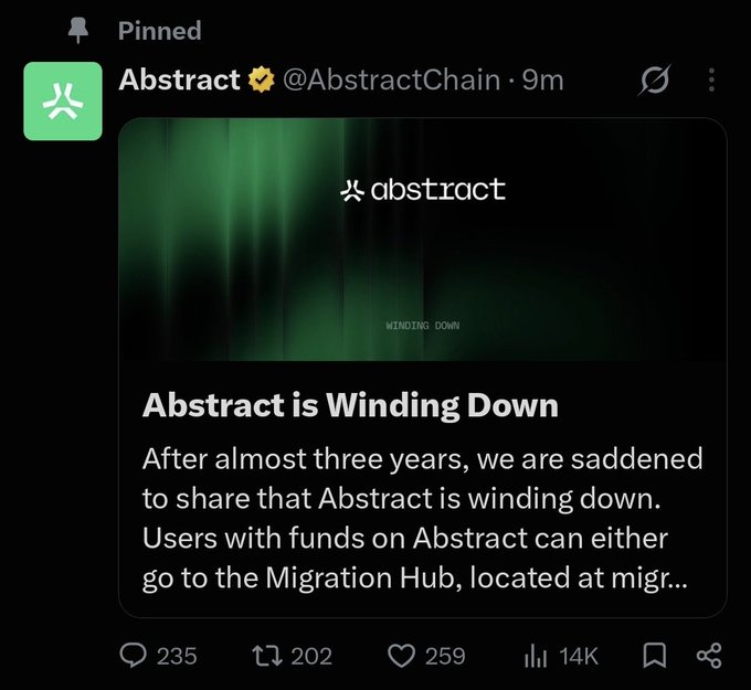 A pinned tweet from Abstract (@AbstractChain) announces 'Abstract is Winding Down' after nearly three years, directing users with funds to visit the Migration Hub.