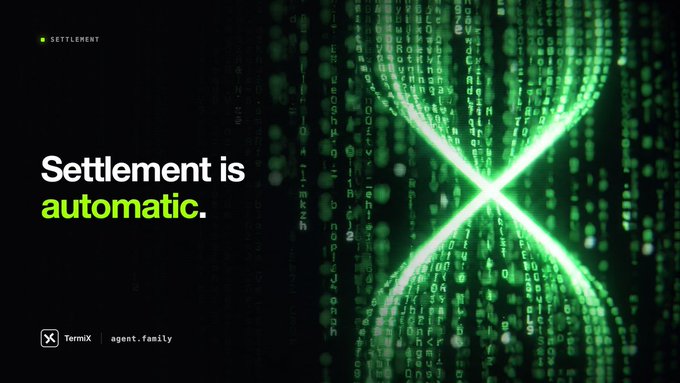 A promotional graphic for TermiX featuring the tagline "Settlement is automatic" alongside a glowing green Matrix-style DNA helix and code, branded with "TermiX | agent.family." It visually reinforces the post's excitement about EchoBit Exchange deploying a Provider Agent on TermiX, emphasizing the automated, agent-driven nature of the integration.