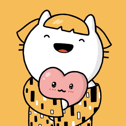 A cute cartoon illustration of a white cat with orange patches holding a smiling pink heart against a yellow background.