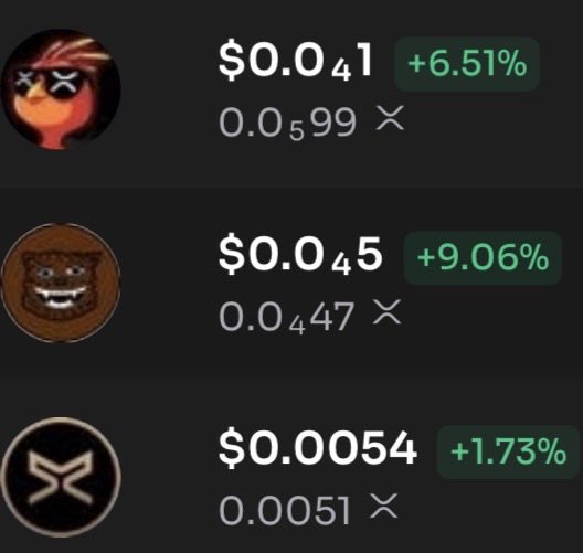 A screenshot showing cryptocurrency prices and 24-hour gains for three meme coins: one at $0.041 (+6.51%), another at $0.045 (+9.06%), and XLM at $0.0054 (+1.73%).
