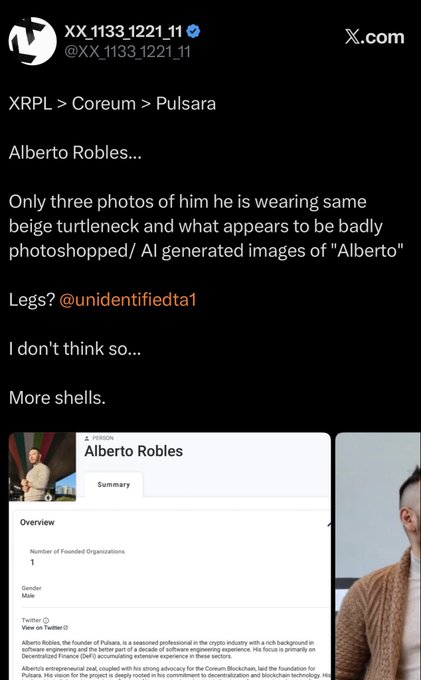 A post from user '@XX_1133_1221_11' discussing 'XRPL > Coreum > Pulsara' and questioning the authenticity of photos of Alberto Robles, founder of Pulsara.