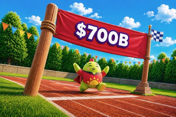 A cheerful green mascot wearing a red shirt with a sun emblem celebrates as it crosses a red "**$700B**" finish line banner on a running track, symbolizing the value users can capture from their health data within the wellness economy.