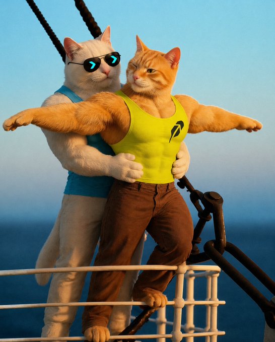 Two muscular cats stand on the bow of a ship overlooking the ocean, one wearing a blue tank top and sunglasses while posing behind an orange tabby in a yellow tank top and brown pants striking a "Titanic" pose — humorously evoking the "iceberg" or "next big runner" theme of spotting surging tokens on Robinhood Chain.
