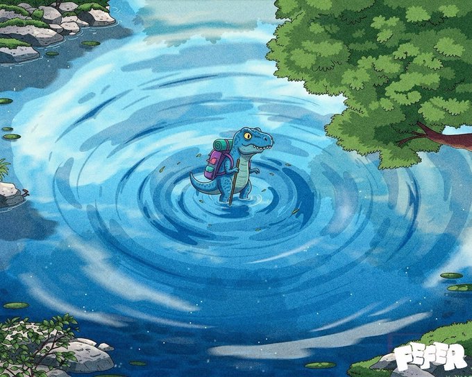 A blue dinosaur wearing a backpack stands in swirling water, with the "$FEFER" logo in the bottom right corner, visually representing the $FEFER memecoin amid market capitulation described in the post.