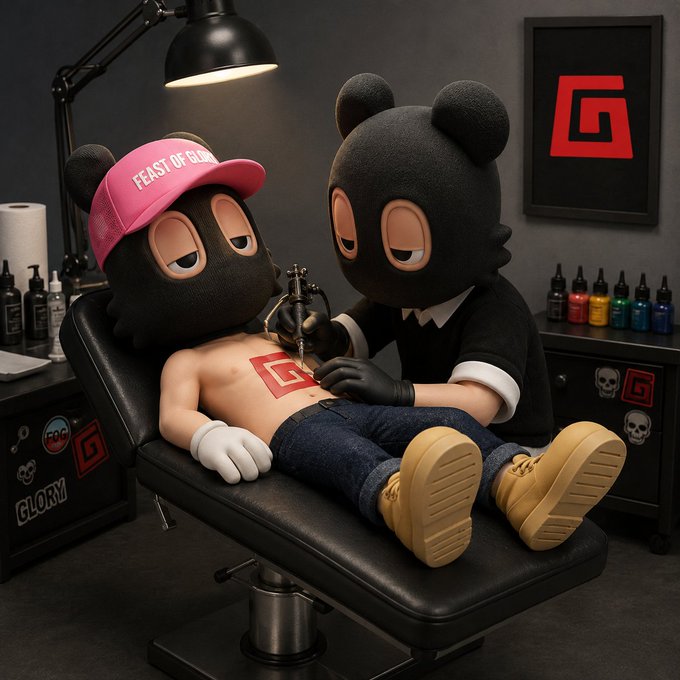 A 3D-rendered scene shows a tattoo artist character with a bear-like head tattooing a red 'G' logo onto the chest of a shirtless character wearing a pink 'FEAST OF GLORY' cap, lying on a black chair in a tattoo parlor.