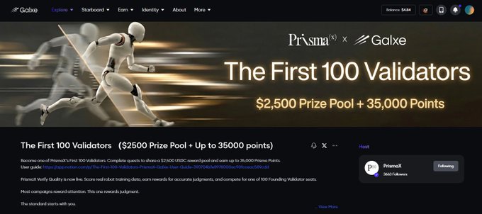 A Galxe webpage banner promoting 'PrismaX x Galxe' campaign titled 'The First 100 Validators' with a $2,500 Prize Pool + 35,000 Points, featuring a 3D running figure graphic.