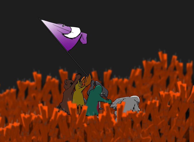 A simple illustration showing four small animal characters (bear, rabbit, green creature, and white animal) standing together holding a large purple flag amidst orange flames against a dark background.