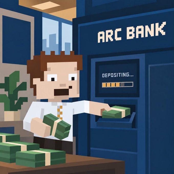A pixel art illustration of a person with brown hair excitedly depositing stacks of cash into an ATM labeled 'ARC BANK', which displays 'DEPOSITING...' with a progress bar.