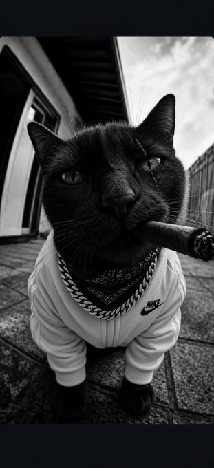 A black cat wearing a white Nike hoodie and a silver chain necklace, holding a cigar in its mouth, photographed in black and white.