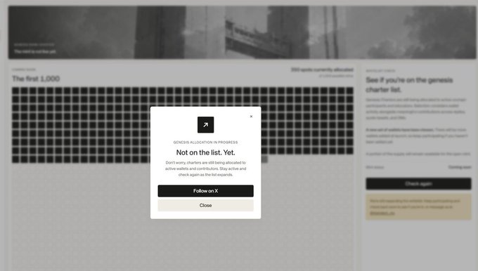 A webpage for what appears to be a crypto token allocation event is shown, with a pop-up message stating "GENSERIS ALLOCATION IN PROGRESS - Not on the list. Yet. Don't worry, charters are still being allocated to active wallets and contributors. Stay active and check again as the list expands." The page displays "The first 1,000" allocated spots and references "See if you're on the genesis charter list," along with a "Check again" button and a Twitter handle "@standard_rsv," reflecting the user's excitement about joining the final allocation batch before launch.