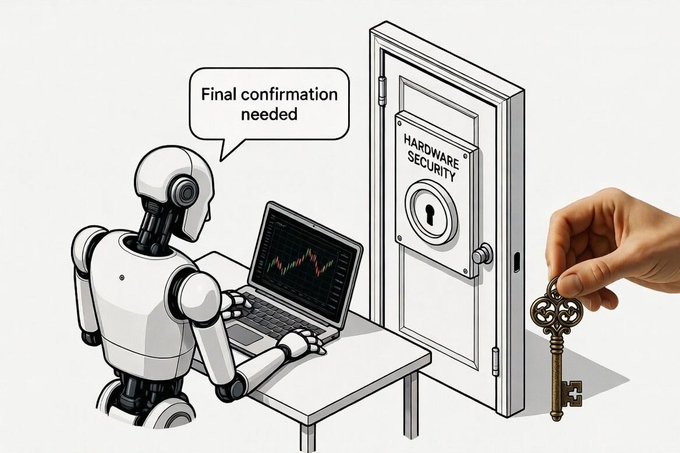 An illustration showing a white robot sitting at a desk with a laptop displaying a stock chart, with a speech bubble reading 'Final confirmation needed'. To the right, a human hand holds an ornate key near a door labeled 'HARDWARE SECURITY'.