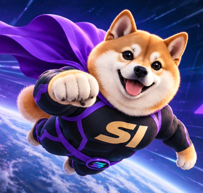 A 3D rendered illustration of a smiling Shiba Inu dog wearing a purple cape and a black suit with the gold letters 'SI' on its chest, flying above Earth.