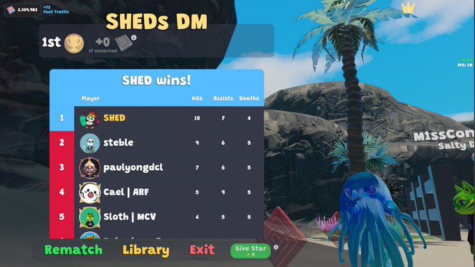 Game victory screen titled 'SHEDS DM' showing SHED in 1st place (10 KOs, 7 assists, 4 deaths) in a multiplayer match.