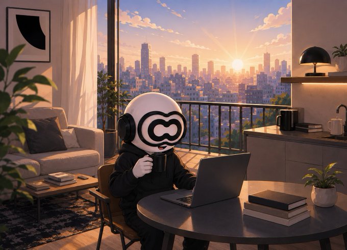 An illustrated scene of a cartoon character with infinity-symbol glasses and headphones sitting at a table with a laptop, holding a coffee mug while overlooking a sunset cityscape.