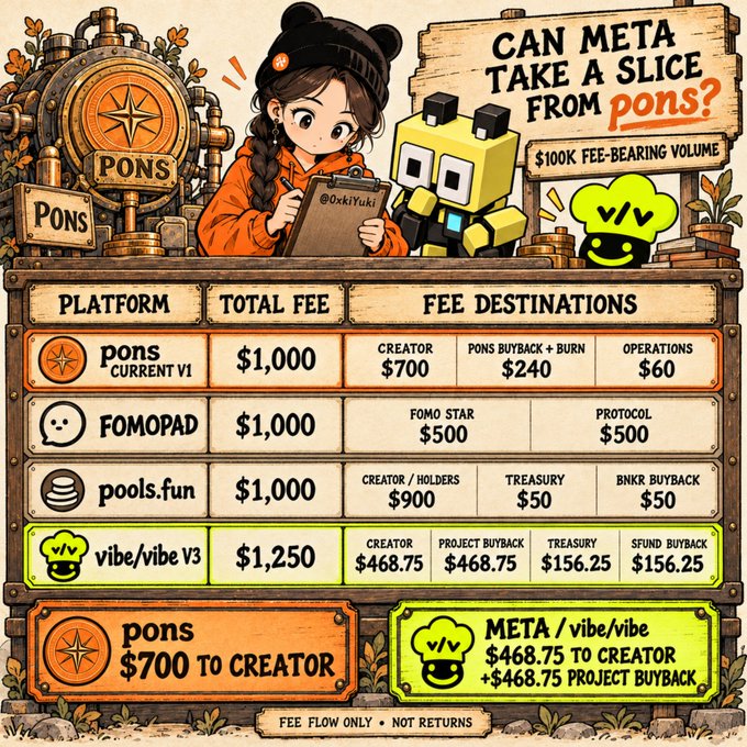 An infographic comparing fee structures across crypto platforms, titled 'CAN META TAKE A SLICE FROM pons?', detailing fee destinations for platforms like pons, FOMOPAD, pools.fun, and vibe/vibe V3.