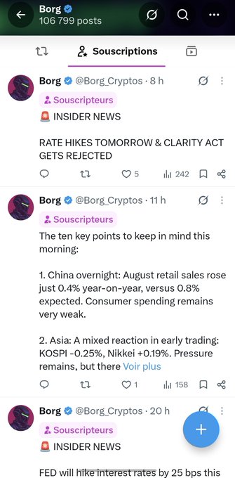 Twitter/X feed for @Borg_Cryptos with posts about 'RATE HIKES TOMORROW & CLARITY ACT GETS REJECTED' and 'INSIDER NEWS' along with market commentary on China retail sales and Asian market reactions.