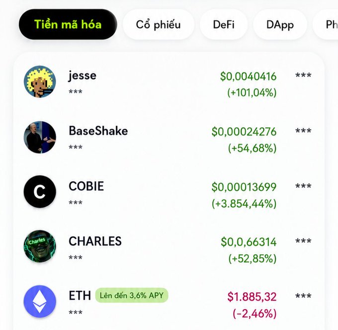 A Vietnamese-language cryptocurrency tracker interface showing tabs for 'Tiền mã hóa' (Crypto), 'Cổ phiếu' (Stocks), 'DeFi', and 'DApp', displaying meme coins like jesse (+101.04%), BaseShake (+54.68%), COBIE (+3,854.44%), CHARLES (+52.85%), and ETH ($1,885.32, -2.46%) with up to 3.6% APY.
