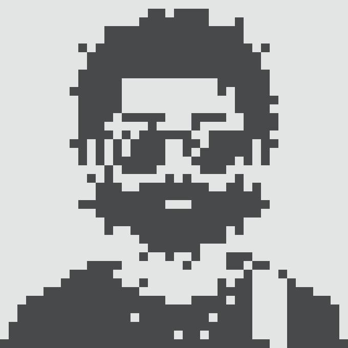 Pixelated black and white icon/portrait of a hooded figure wearing large reflective sunglasses.