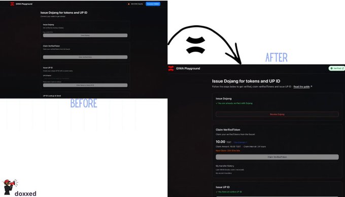 A before-and-after comparison of an OWBA Playground 'Issue Dojoing for tokens and UP ID' interface, showing the user interface before and after changes, watermarked 'doxxed'.