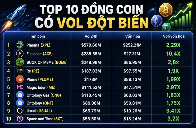 A Vietnamese cryptocurrency infographic titled 'TOP 10 ĐỒNG COIN CÓ VOL ĐỘT BIẾN' listing coins like Plasma (XPL), Fusionist (ACE), and BOOK OF MEME (BOME) with their 24h volume and market caps.