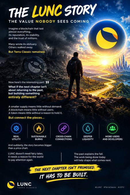 A promotional infographic titled 'THE LUNC STORY' featuring a silhouette of a person overlooking a landscape, with text discussing utility, sustainable burns, cross-chain connections, and the LUNC (Terra Classic) cryptocurrency.