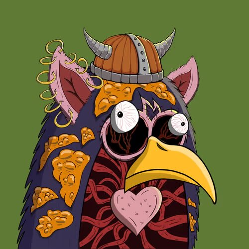 A grotesque cartoon illustration features a viking-helmeted bird-like creature with bulging eyes, a yellow beak, and a pink heart visible through a torn opening in its dark feathered body, set against a green background.
