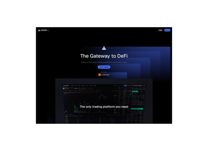 A website landing page for 'AXIOM' is shown with the headline 'The Gateway to DeFi' and tagline 'Axiom is the only trading platform you'll ever need', along with a trading interface preview.