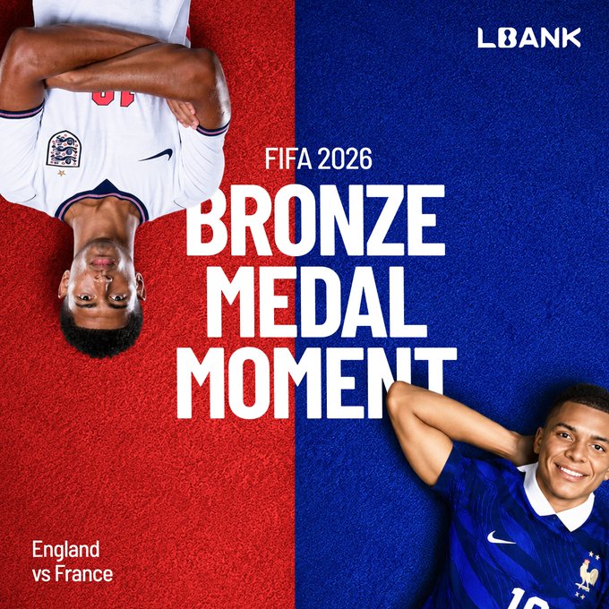 The image is a promotional graphic titled "FIFA 2026 BRONZE MEDAL MOMENT" featuring an England player in a white jersey (upside down on the left) and a France player in a blue jersey (right side), set against a split red and blue background with the LBank logo and "England vs France" text, celebrating England's 6-4 victory over France for third place.