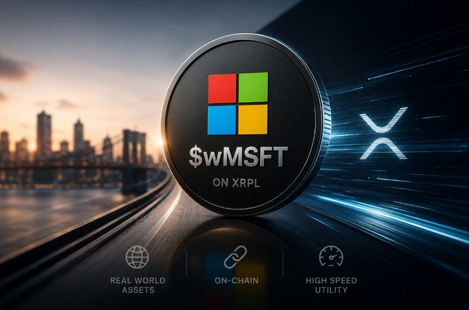 A digital advertisement showing a Microsoft logo styled coin labeled '$wMSFT ON XRPL' with the XRP symbol, highlighting 'REAL WORLD ASSETS', 'ON-CHAIN', and 'HIGH SPEED UTILITY' features.