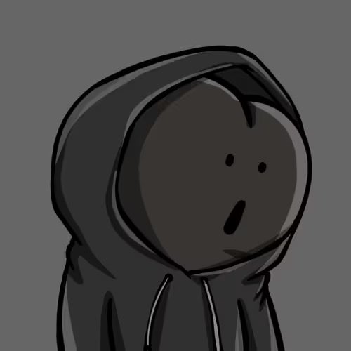 A minimal digital illustration depicts a hooded figure with a simple surprised expression—just dots for eyes and a small oval mouth—rendered in monochrome grays. The stylized, faceless character art complements the post's appreciation for the artistic style associated with @pinienft.