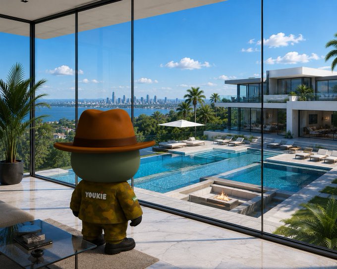 A character wearing an orange hat and a jacket labeled 'YOUKIE' stands inside a luxurious modern home, looking through floor-to-ceiling windows at an infinity pool, palm trees, and a city skyline in the distance.