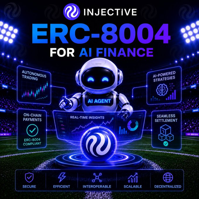 A promotional graphic for 'Injective ERC-8004 for AI Finance' featuring a robot AI agent and highlighting features like autonomous trading and on-chain payments.
