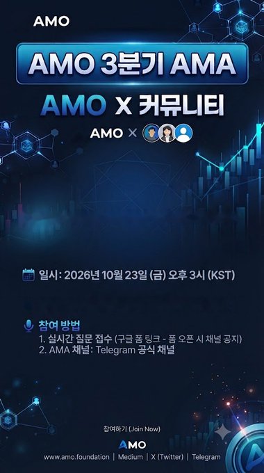 A promotional graphic for 'AMO 3분기 AMA' featuring 'AMO X 커뮤니티' with details including a date of '2026년 10월 23일 (금) 오후 3시 (KST)' and '참여 방법' instructions, displayed on a blue tech-themed background with the URL www.amo.foundation.