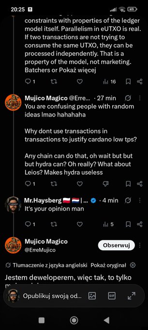 A screenshot of a Twitter/X thread in Polish discussing blockchain properties and Cardano's transaction model, showing replies from users 'Mujico Magico' and 'Mr.Haysberg'.