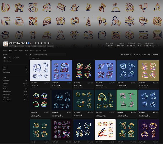 The image shows a digital marketplace interface for "GLIFs by Efdot" featuring a grid of small, colorful abstract line-art icons against various colored backgrounds, with prices listed in ETH (e.g., "0.02 ETH", "0.0032 ETH", "1.153 ETH") and stats showing "GLIFS MINTED: 1052," "TOP OFFER: 0.0032 ETH," and "TOTAL VOLUME: 143.25 ETH." The collection's diverse, community-created aesthetic reflects the post's message about how each GLIF was individually made by its holders, embodying the project's grassroots, member-driven foundation since its 2014 origins.