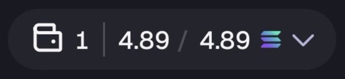 A dark-themed Solana wallet interface displays a portfolio with 1 token holding valued at 4.89/4.89, showing the user's modest but steady rebuilding progress as they trade small profits to grow their bag toward their goal of 7 SOL.