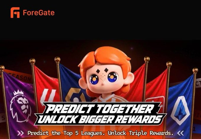A promotional graphic for ForeGate featuring a chibi-style character surrounded by league flags, with text 'PREDICT TOGETHER UNLOCK BIGGER REWARDS' and 'Predict the Top 5 Leagues. Unlock Triple Rewards.'